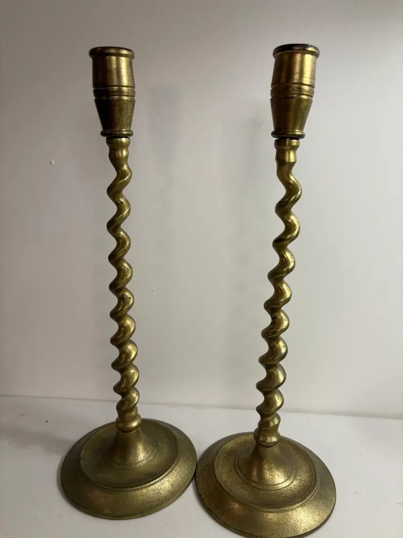 Vintage Pair Of Brass Barley Twist Candlesticks 12 Inch Tall Large Base