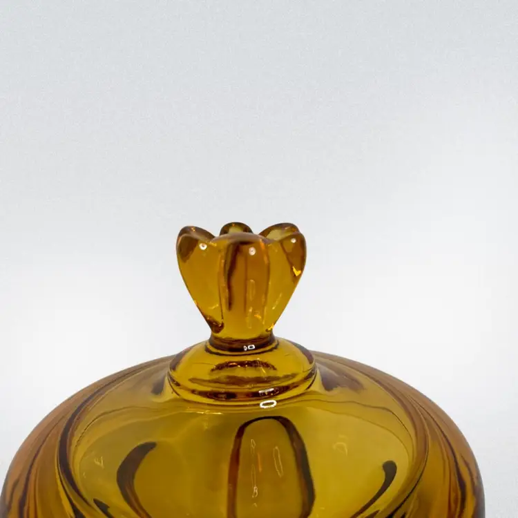 Vintage Large Viking Candy Dish Amber Art Glass Epic 6-Petal W/Lid MCM
10-1/2” T x 5-1/2”