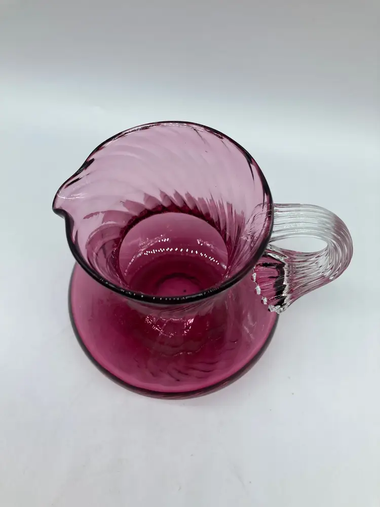 Pilgrim Cranberry Blown Glass Creamer Pitcher Mini Vase Swirl 5 oz Clear Handle