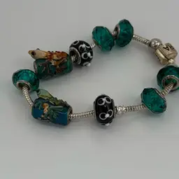 Sterling Silver Pandora 🐸 “Prince Charming” Charm Bracelet - 9 Glass Beads Stamped 925 - 2 Amazing Lampwork Frog Beads - 8”