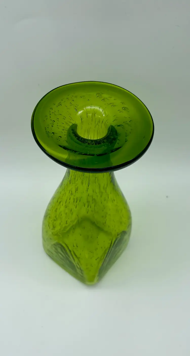 Vintage Margie's Garden 8" green bubbly hand-blown glass vase.