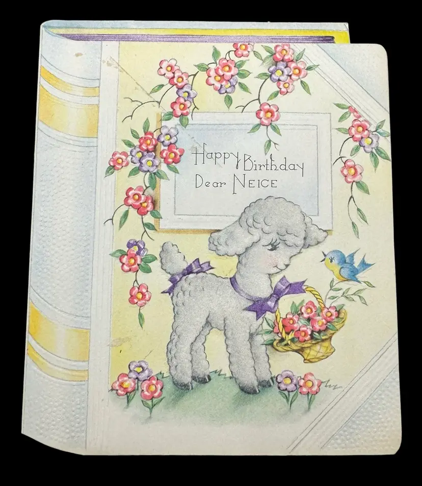 Vintage Unused Greeting Card Happy Birthday Niece Neice Lamb Book Flocked USA
