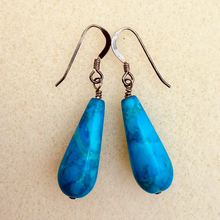 Vintage Azurite & Sterling Silver Dangle Drop Earrings