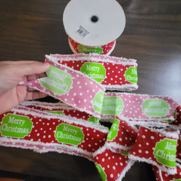 Merry Christmas Red Green White Faux Fur Edge Wired Ribbon 2 1/2"W x App 10 Yds