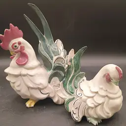 Vintage Kay French Rooster & Chicken Figurines California Pottery Chicken Marked