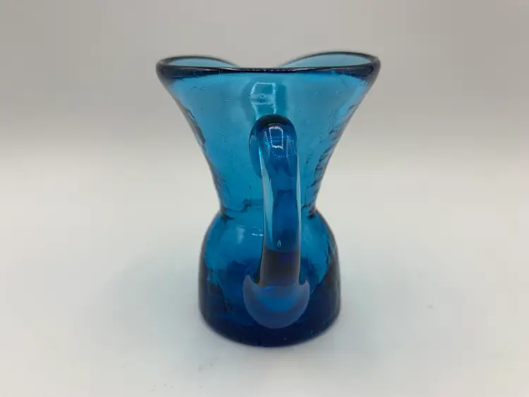 Vintage Cobalt Blue Crackle Glass Pitcher Hand Blown Applied Handle Mid Century
