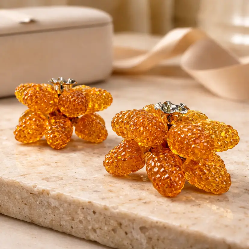 Pair of Orange Glass Acorn Cluster Candle Holders, 3.5" Tall
