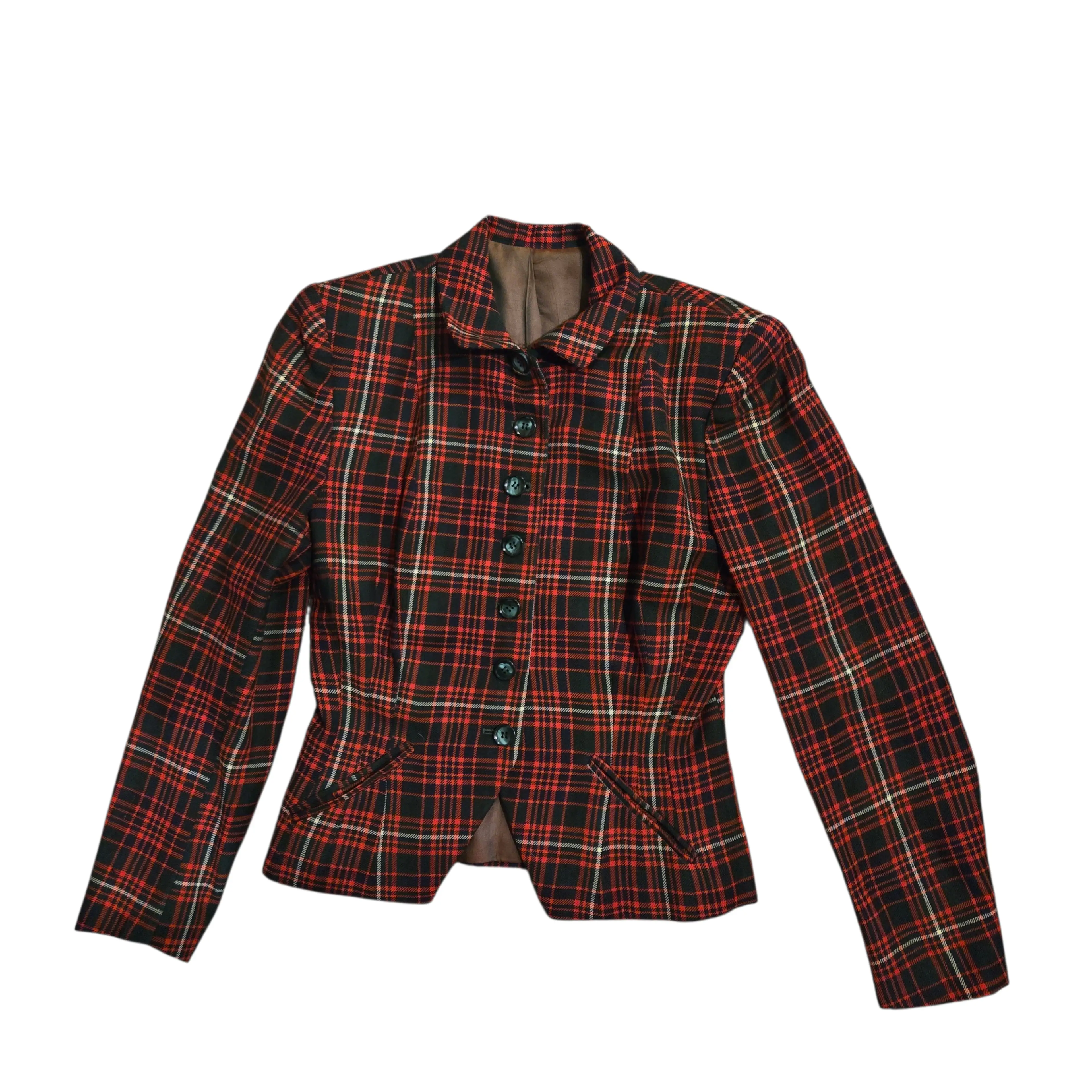 Vintage 70s Does 40s Red Black Plaid Fitted Wool Blazer Jacket Arthur Jay Small