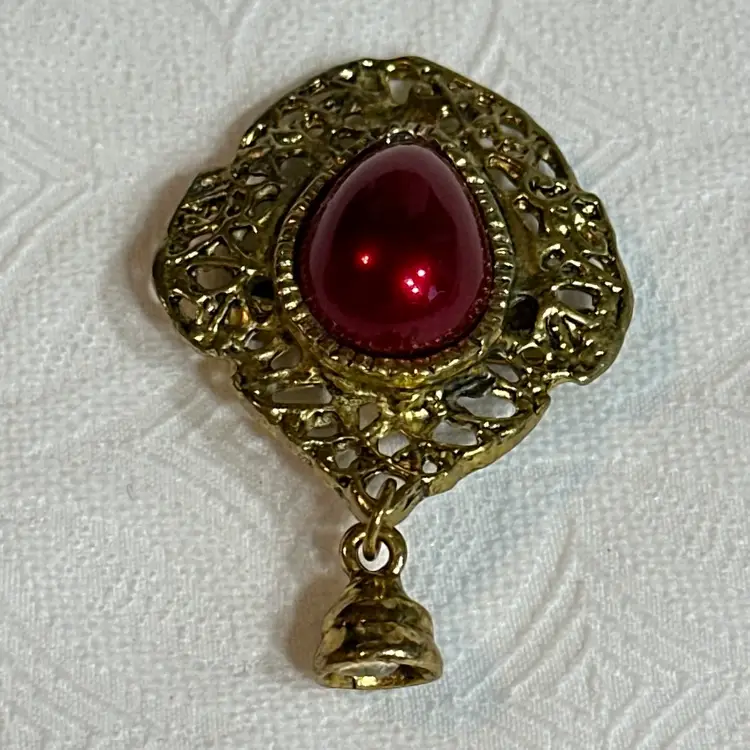 Vintage Gold Tone Victorian Inspired Brooch With Bell