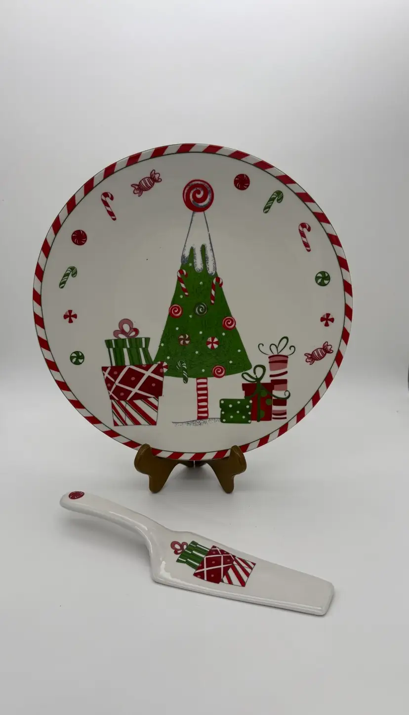 Christmas Holiday 12.5” Large Ceramic Stoneware Vtg. Cake Plate With Spatula