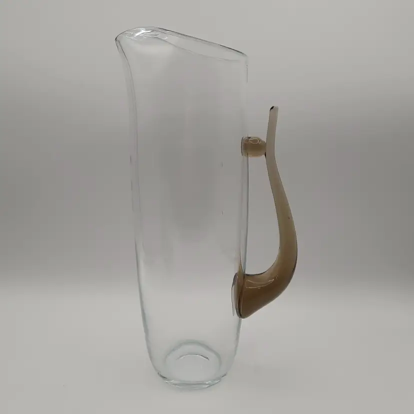 Vintage MCM Clear Glass Martini Cocktail Pitcher with Applied Amber Olive Handle