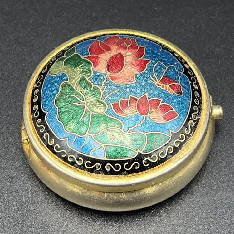 Vintage Round Cloisonné Enamel Blue Floral Butterfly Pill Trinket Travel Box