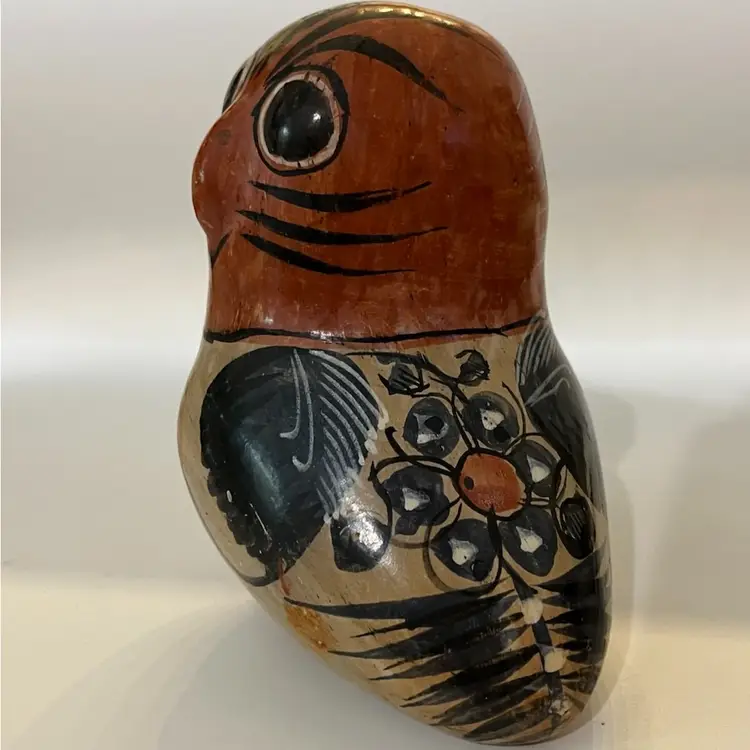 Tonala - Vintage Mexican Folk Art Ceramic Hand Painted Owl Bird - Footed- Vintage Figurine 5" x 4.75
