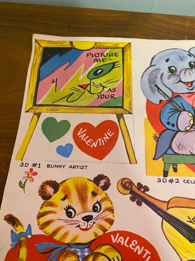 Vintage NOS Sheet Of Valentines Glitter Kitschy Doctor Parachute Animals Tiger