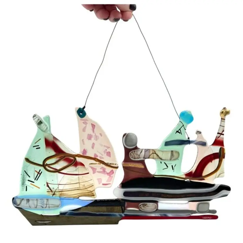 FUSED ART GLASS BY LRRR DESIGNS SAILBOAT SERIES FAMILY PULLING A SAILBOAT OOAK