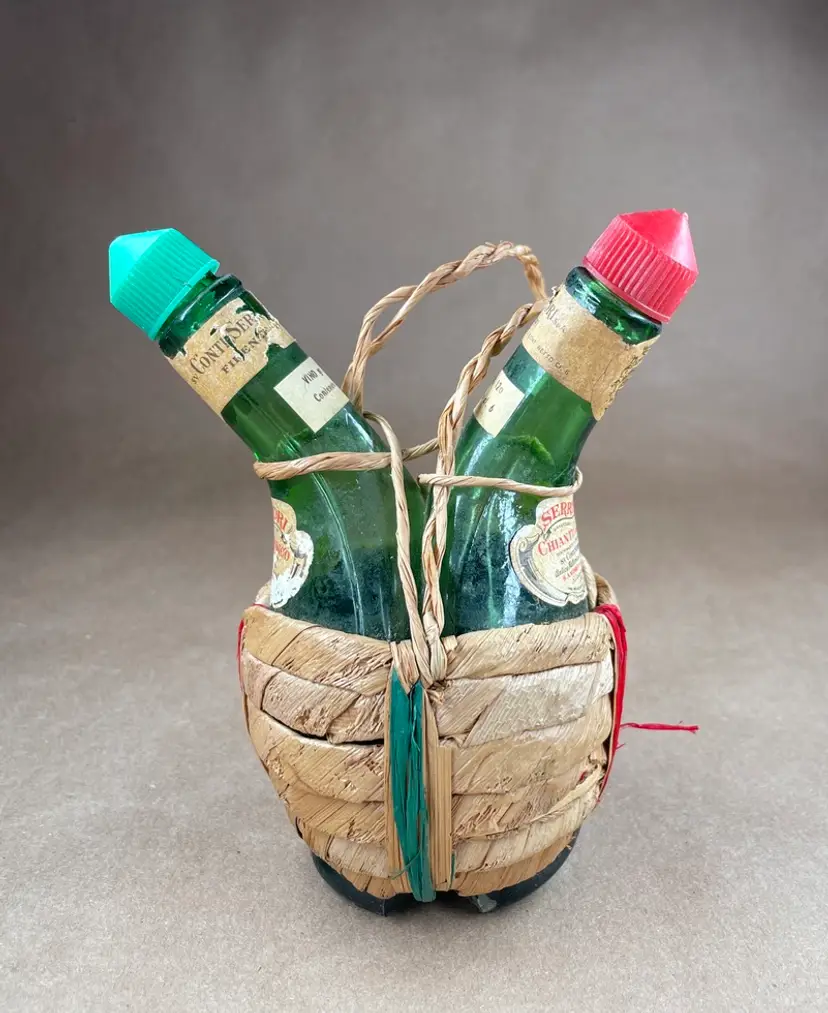 Vintage Souvenir Bottle Duel Neck Raffia Wrapped Chianti Oil Vinegar Bottle