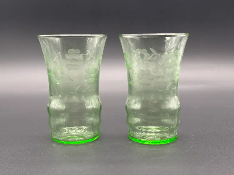 Antique 1920s Dunbar Etched Juice Glasses (Set of 2) Green Depression Glass | Uranium Glass