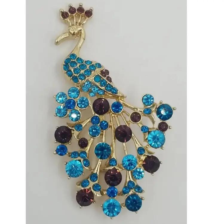 Monet Signed Gold Tone Colorful Rhinestones Peacock Brooch Pin With Box