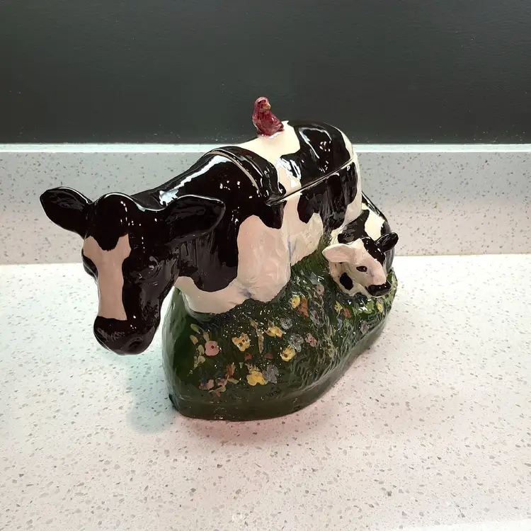 Vintage Rick Wisecarver Pottery Cow Calf Cookie Jar Signed Farmhouse