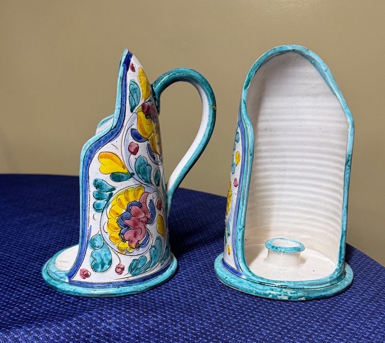 Italian pottery candle holders with handles signed Italy 4059 8.5” tall