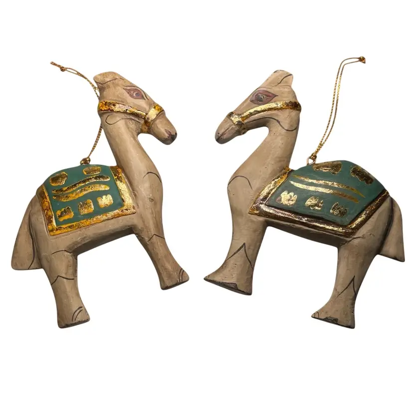 Handmade Folk Art (Indonesia) Set of 2 Balinese Wooden Painted Camel Christmas Ornament 4"