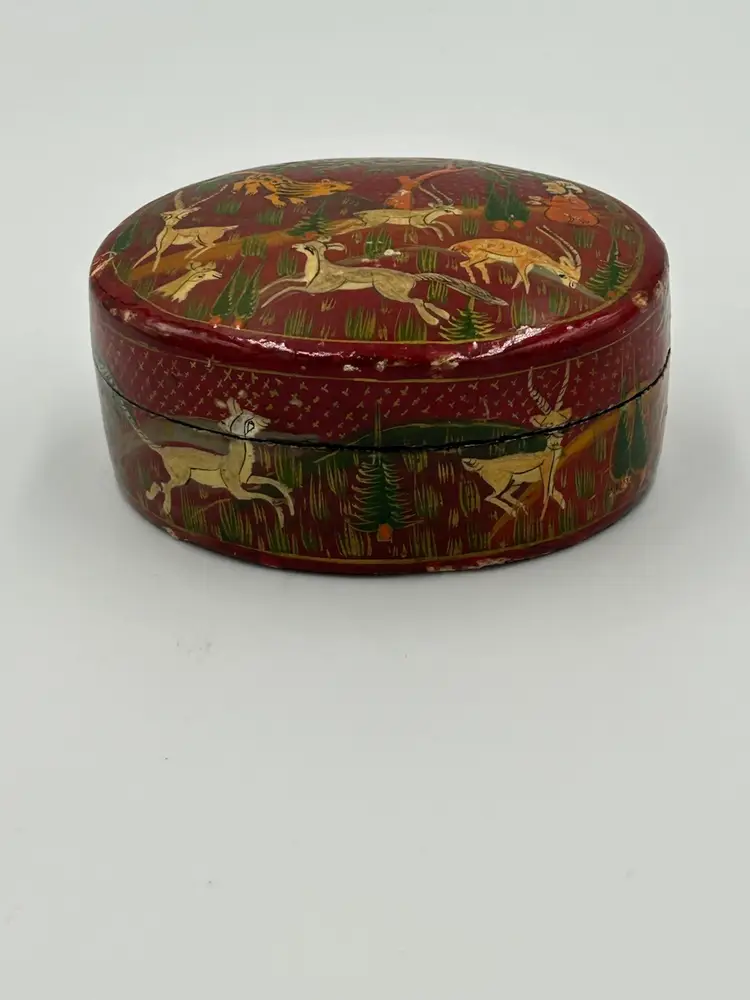 Vintage Kashmir Lacquered Oval Paper Mache Arabian Gazelle, Tiger & Man Design Trinket Box India