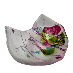 Confetti Art Glass Trinket Dish Multi Color Confetti Pink Streamers Signed 5.25” x 5” x 2.5” T