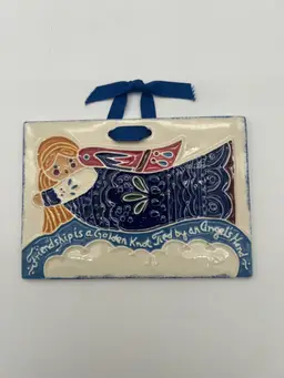 Vintage Folk Art J Dubin Designs Handcrafted Decorative Hanging Ceramic Tile “Friendship Angel”