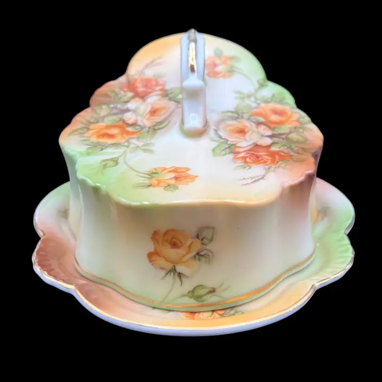 #179A Reproduction Of A Victorian R S Prussia Peach Yellow Rose With Gold Trim And Accents Covered Cheese Keeper Dish