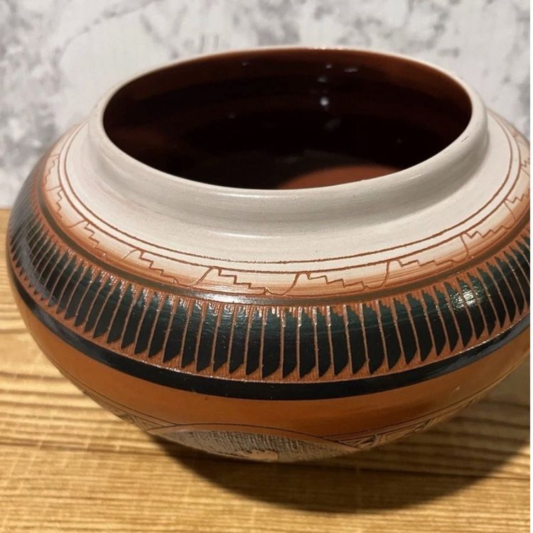 3010-Storyteller Hand Etched, Signed, Mitchell Blackhorse Q Vase, Dine (Navaho), 5” Diameter, 5” Tall