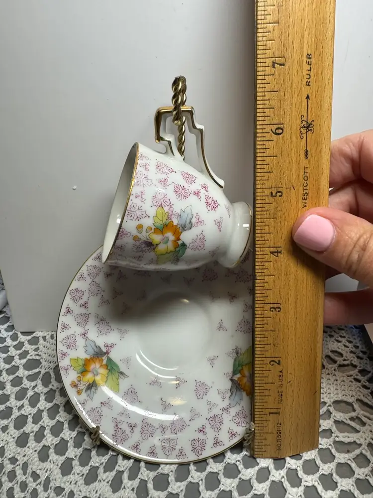 Mini Floral Tea Cup And Saucer With Brass Colored Stand