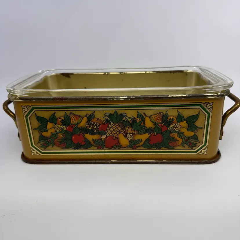 Vintage PYREX Glass Loaf Pan W/ 1981 Teleflora Tin Metal Holder