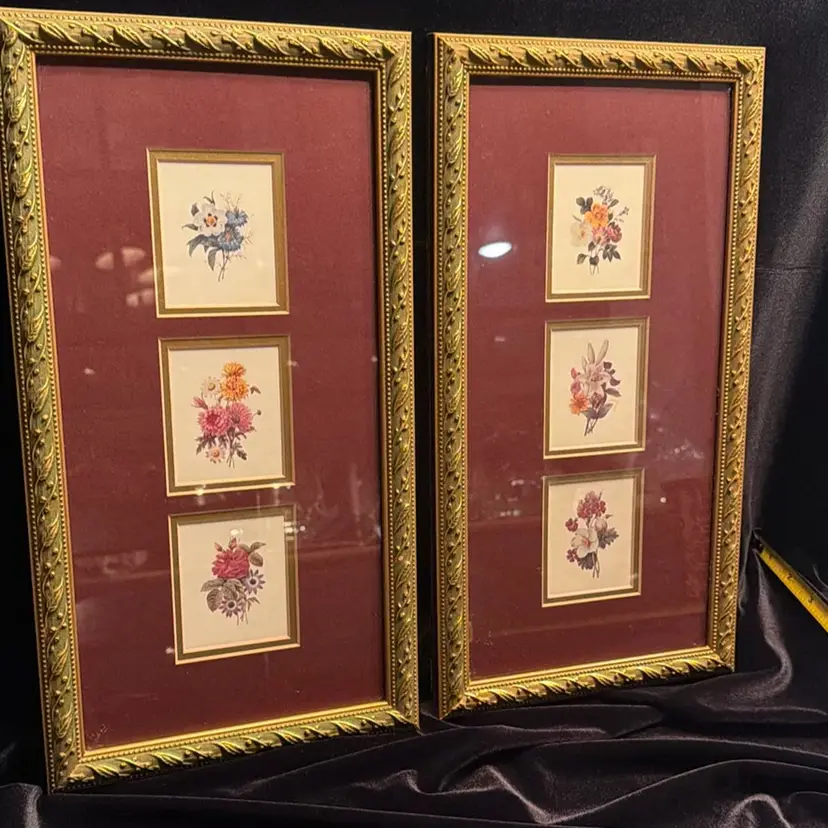 Beautiful Pair Of Vintage Framed Floral Art Trio – Gold Ornate Frame, Burgundy Matted Botanical Prints - Perfect for gallery walls. ~15” X 8”