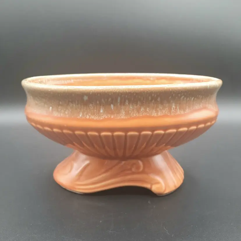 Vintage MCM Burnt Orange Olive Green Glaze Pottery Oval Pedestal Bowl Planter