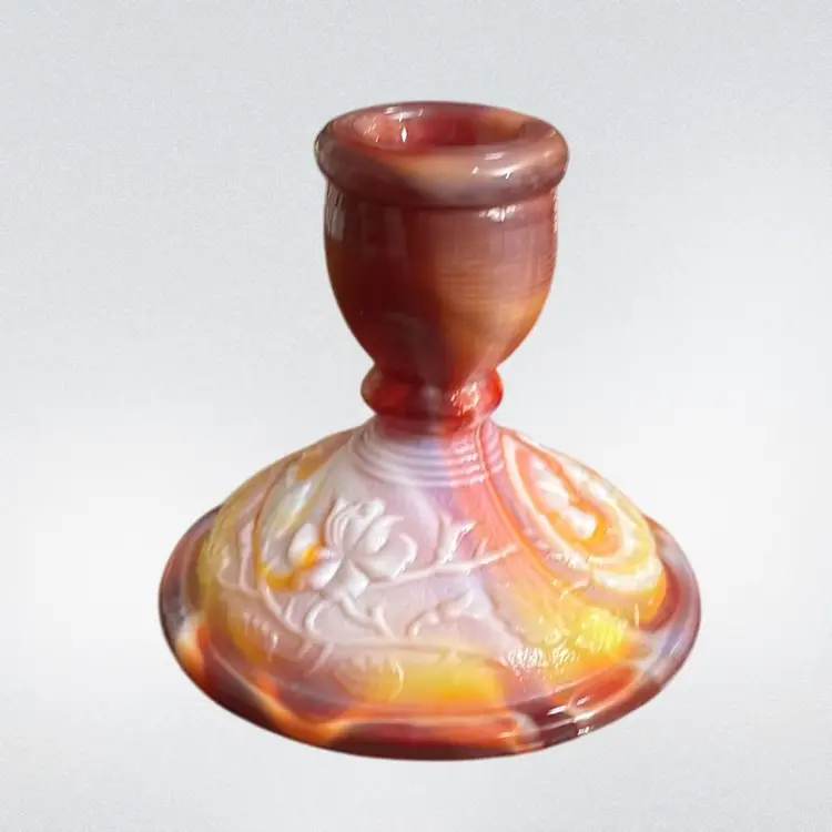 G- Imperial Slag, Glass, Red, White And Orange Yellow Candlestick Holder
