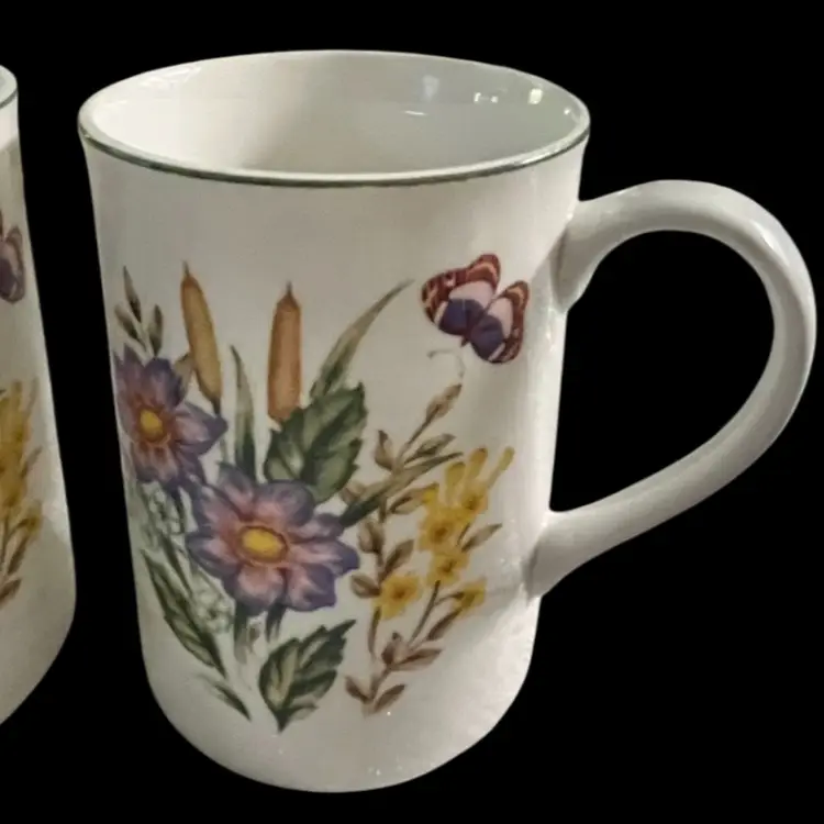 2 Flower Garden- Floral Mugs with Butterfly- Set of 2– Microwave & Dishwasher Safe – 12 oz, 4.25” Tall, 4.5”Wide