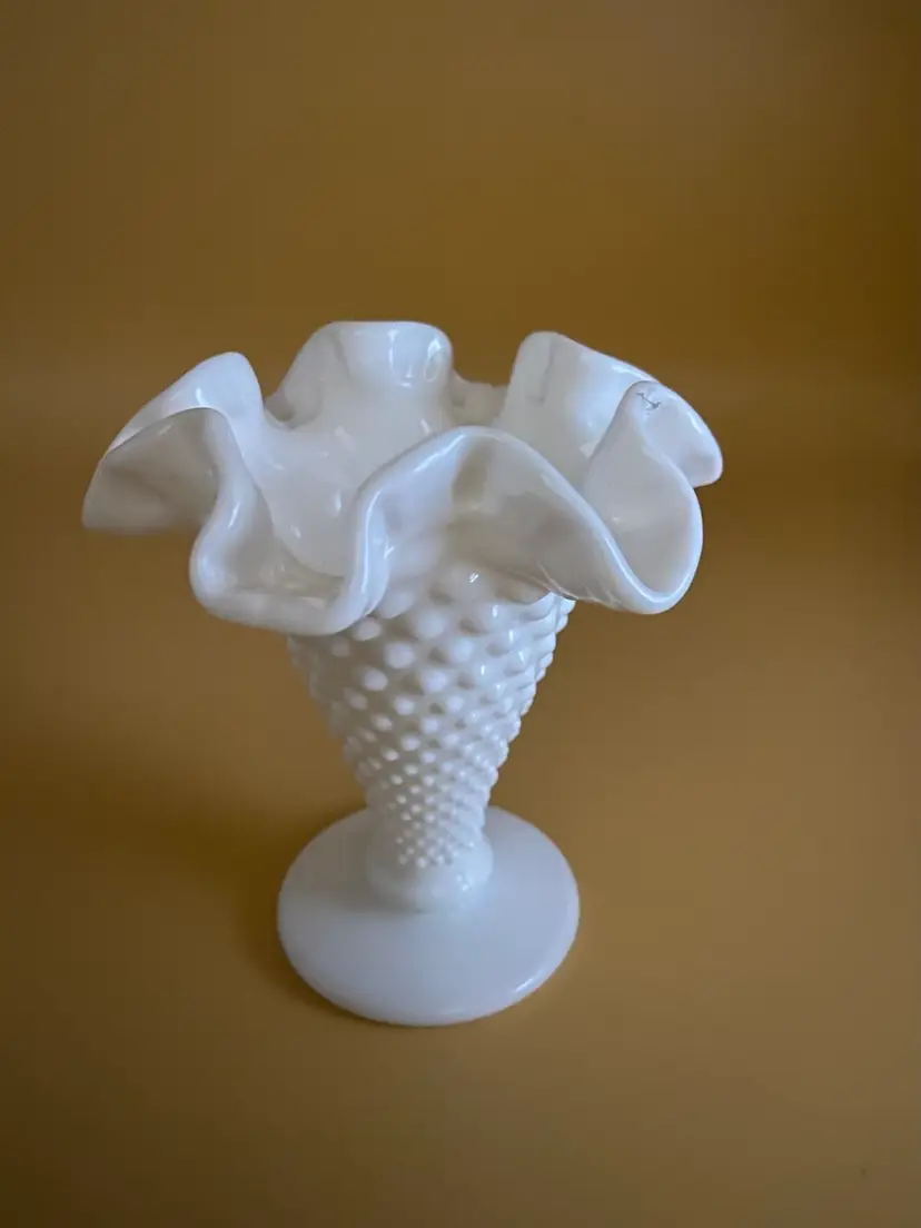 Fenton Mini Hobnail Milk Glass Vase With Ruffled Top