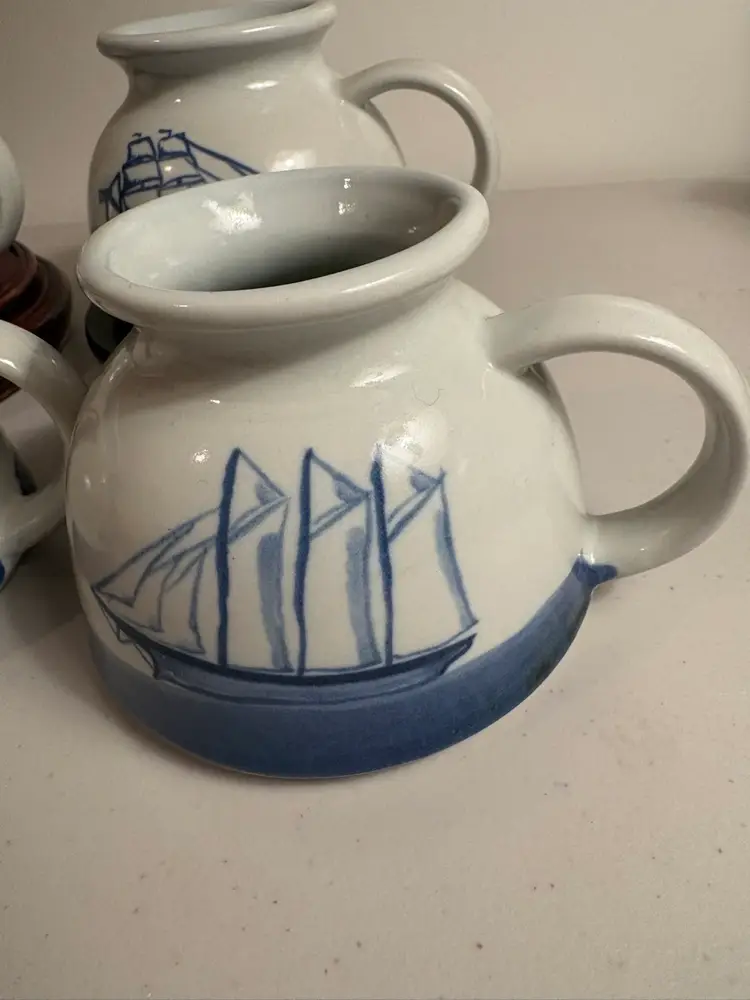 Set Of Four Schooner Sailboat Ship Nautical Coffee Mugs.