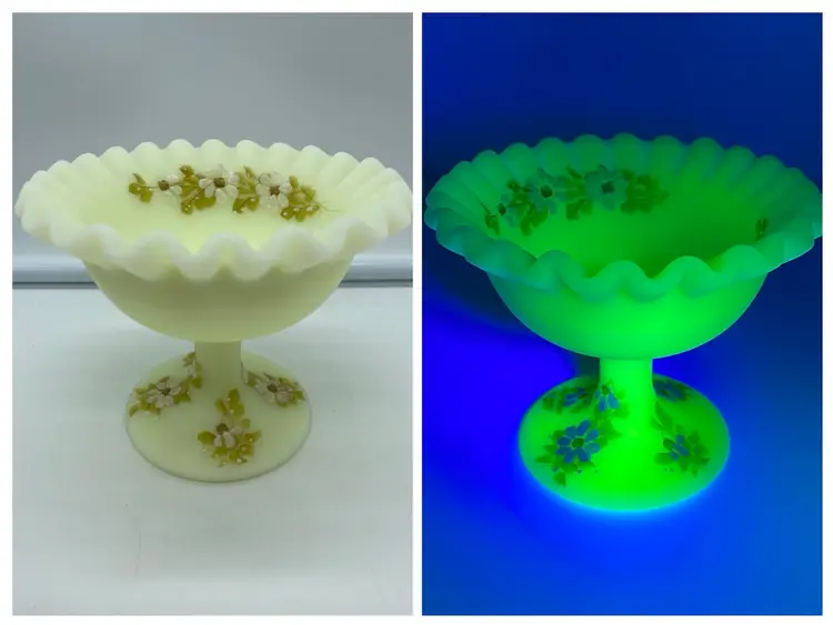 Fenton 4" Satin Custard Compote Hand Painted White Textured Flowers Signed GLOWS