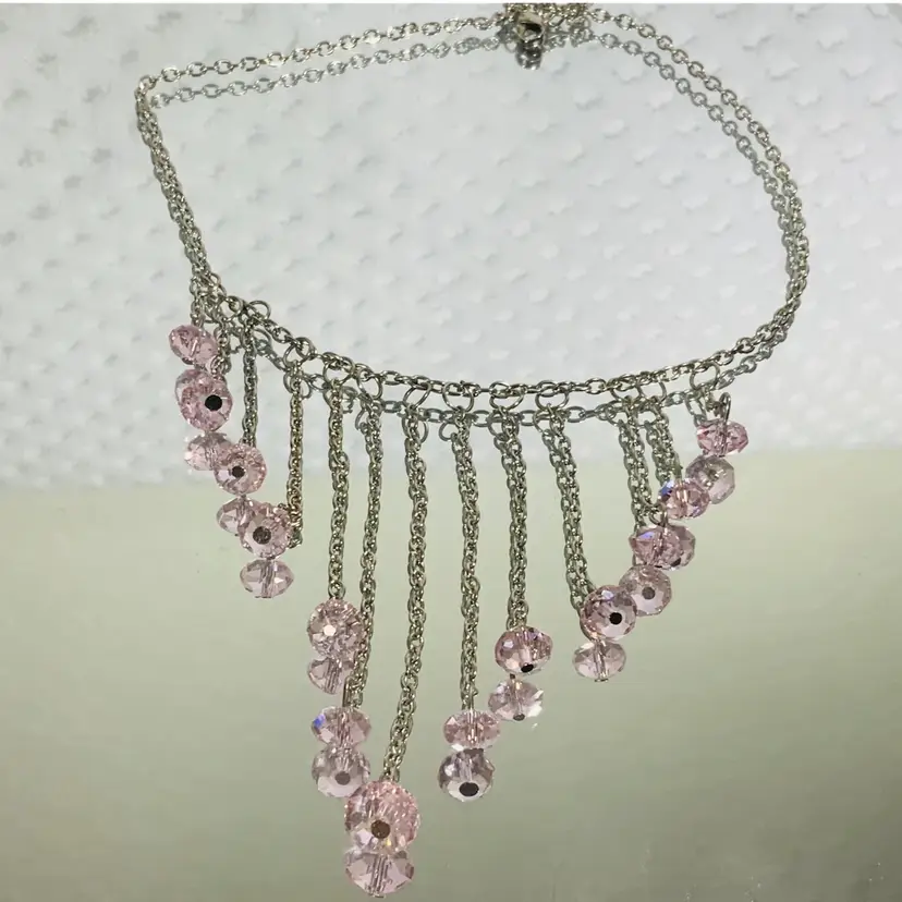 Vintage Monet Costume Jewelry Beaded Necklace Different Light Pink Hue Of A Hard Plastic Beads Silver Tone Chain