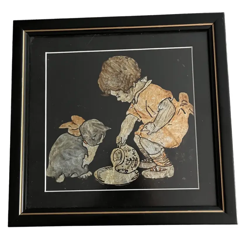 Vintage Foil Art Little Girl Feeding Cat