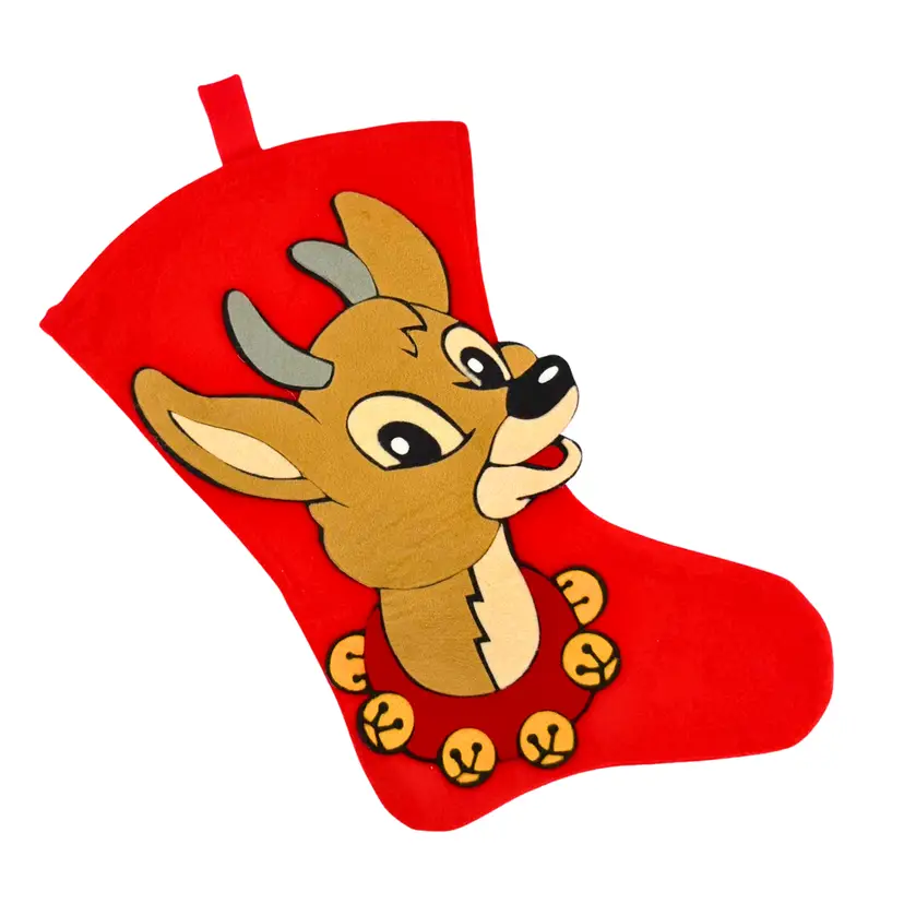 Vintage Felt Rudolph Reindeer Stocking Christmas Holiday Mantel 3D Applique