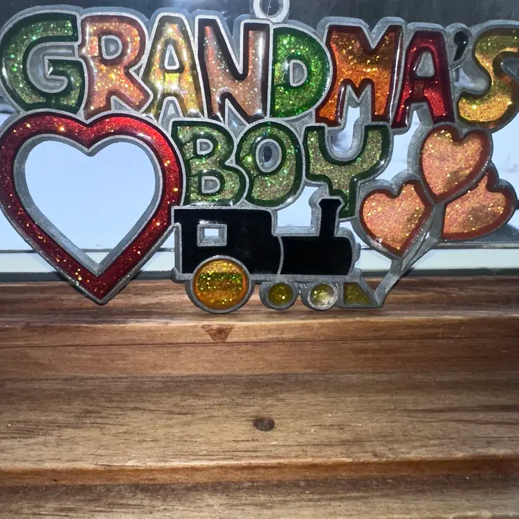 Vintage Suncatcher Stained Glass Metal Grandma’s Boy Train Glitter Ornament