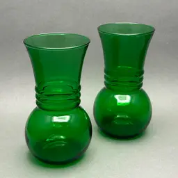 Vintage Pair of MCM Anchor Hocking Forest Green Ribbed Vases