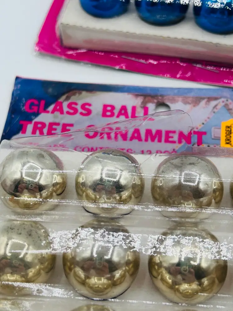 Vintage Mini 12 Pk In Gold, Silver, Green, Blue Glass Feather Tree Mini Christmas Ornaments Retro Mcm 1”