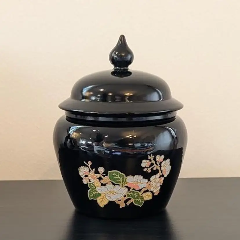 Vintage Avon Black Amethyst Glass Ginger Jar with Lid Cherry Blossom Design