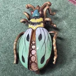 Art Nouveau Enamel Egyptian Beetle pin, gold tone plated brass, c-clip