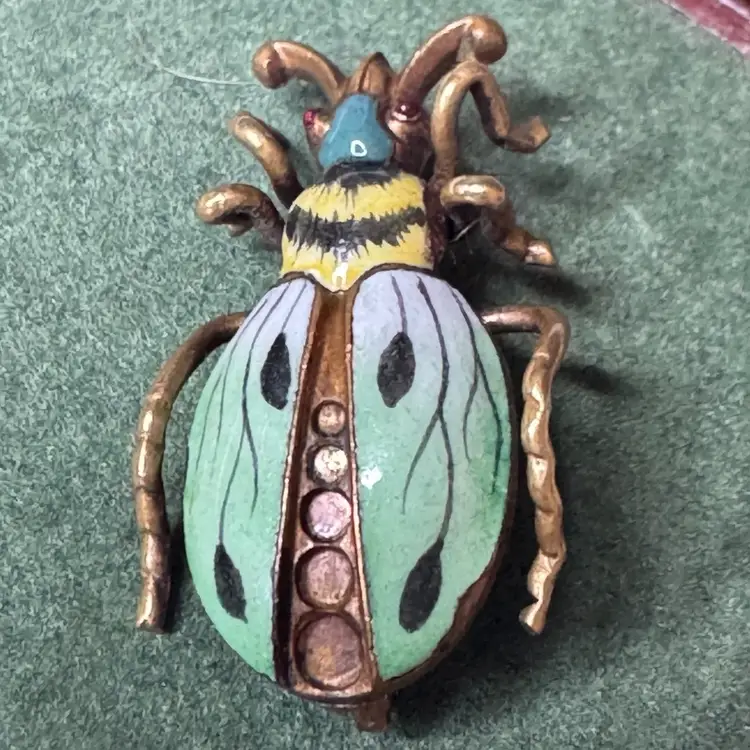 Art Nouveau Enamel Egyptian Beetle pin, gold tone plated brass, c-clip