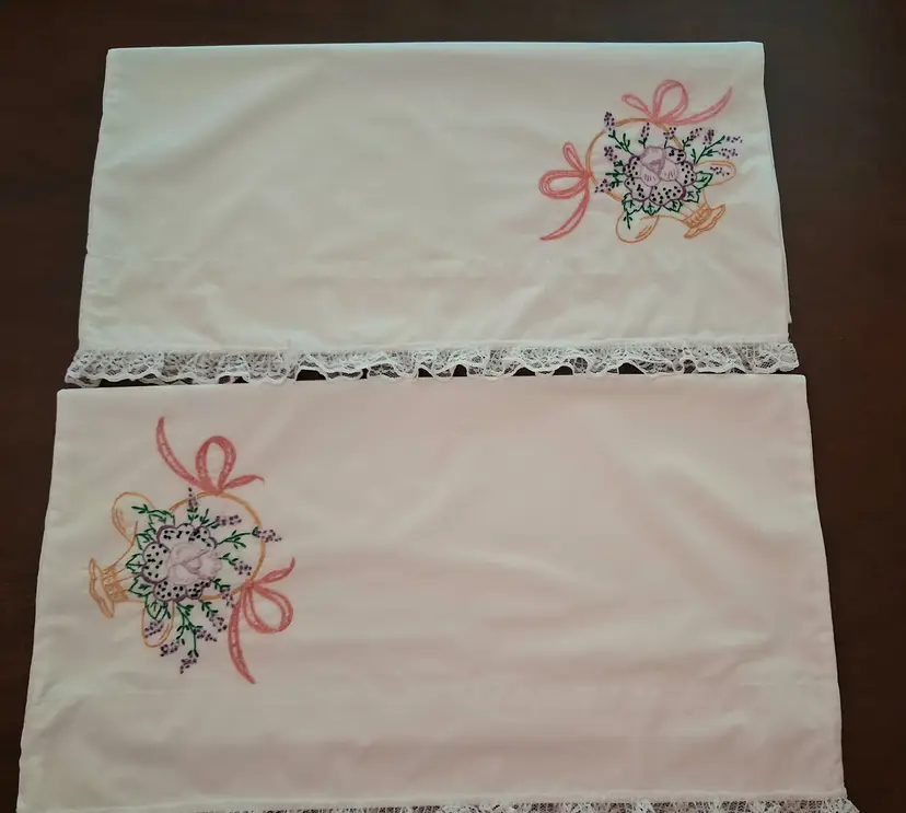 Hand-embroidered Pillowcases with a Beautiful Crosstitched Basket of Flowers