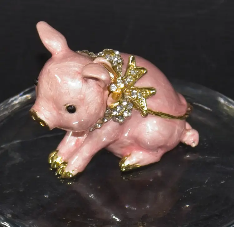 Small Pink Pig with Bow Trinket Box Enameled Metal Rhinestones
